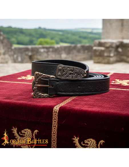 Viking Leather Belt in Black Embossed...