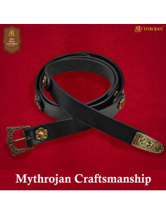Viking Leather Belt in Black with Brass Decorated Buckle