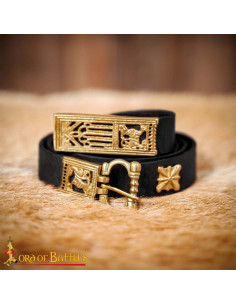 Medieval Black Leather Belt with Brass Accents, Gothic Style