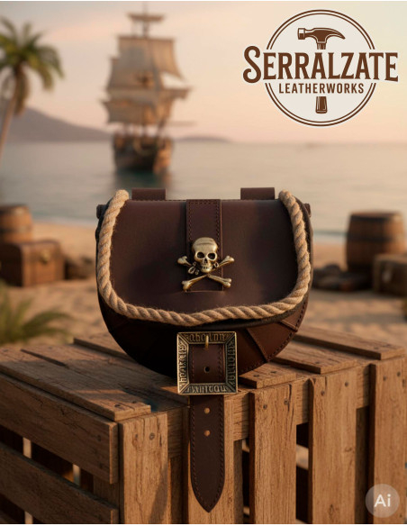 Pirate Belt Pouch with Skull, Brown