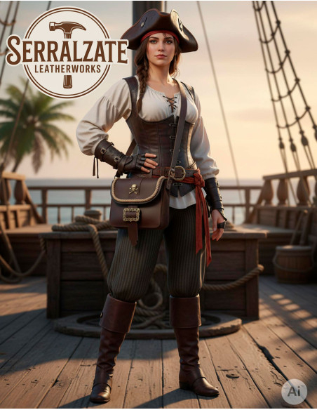 Brown Leather Pirate Bag with Skull...