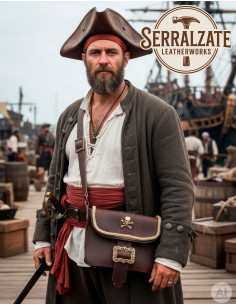 Brown Leather Pirate Bag with Skull and Buckles 2