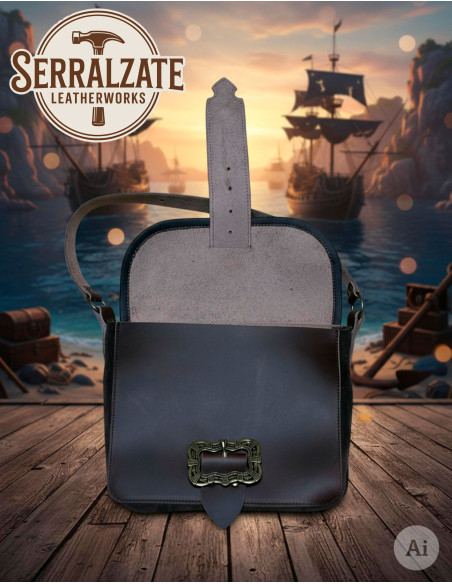 Brown Leather Pirate Bag with Skull...