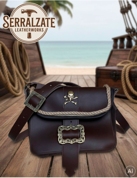 Brown Leather Pirate Bag with Skull...