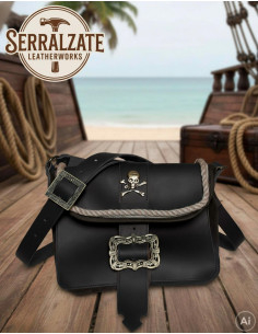 Black Pirate Leather Bag with Skull and Buckles