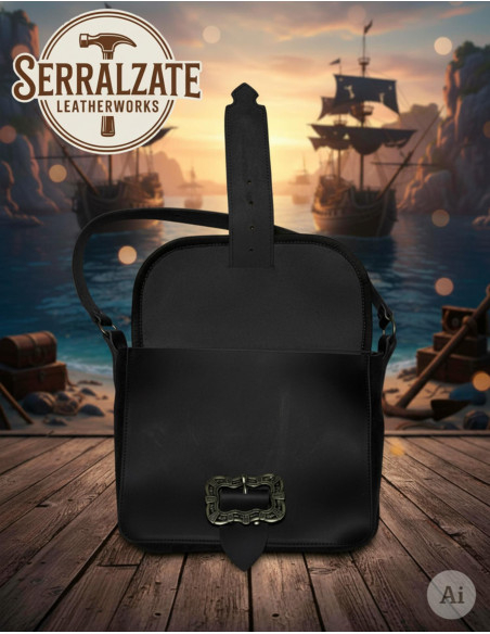 Black Pirate Leather Bag with Skull...