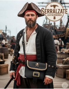 Black Pirate Leather Bag with Skull and Buckles 2