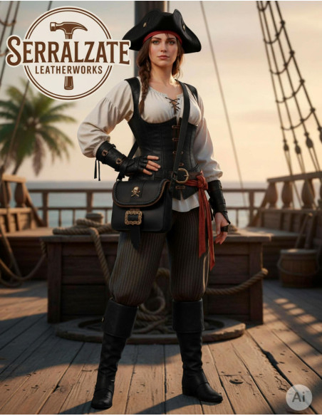 Black Pirate Leather Bag with Skull...