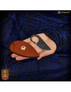 Forged Neck Knife with Golden Lion and Leather Sheath