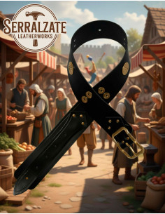 Wide Medieval Black Leather Belt, Gold Buckle