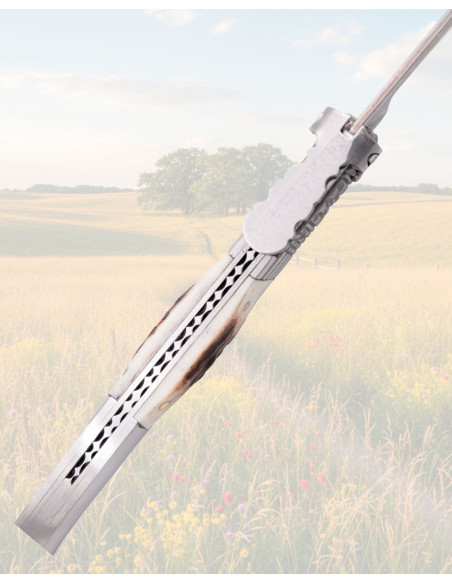 Damascus Ratchet Knife with Stag Horn...