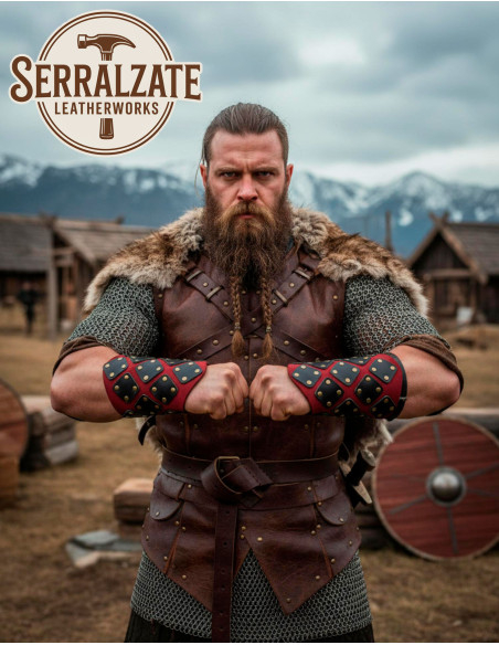 Red Leather Brigandine Bracers for...