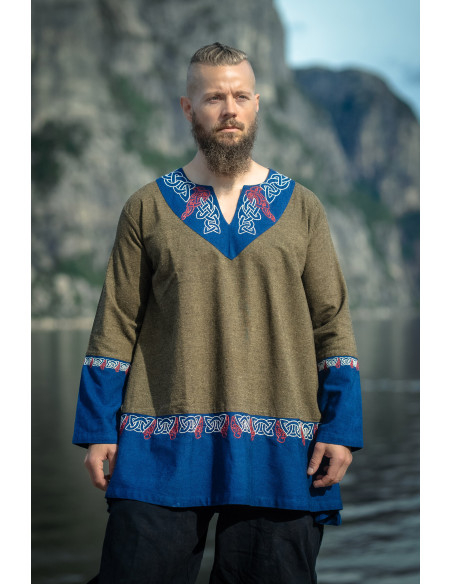 Freydis Short Viking Tunic, Olive-Blue