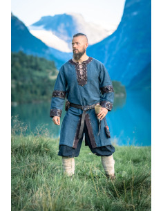 Leif Blue Viking Tunic with Genuine Leather Details