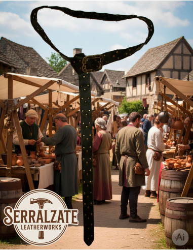 Viking Leather Scale Belt with Nordic Buckle, Black