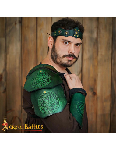 Medieval leather shoulder pad with Celtic knot design, green color