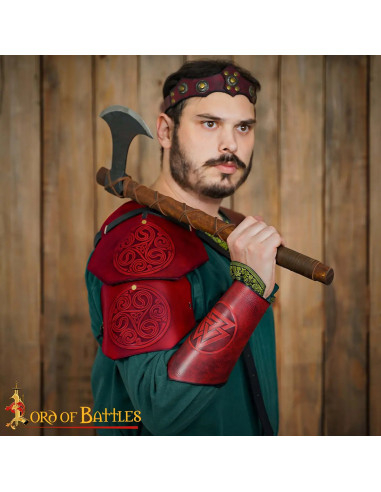 Medieval Shoulder Armor in Leather with Celtic Knot Design, Burgundy Color