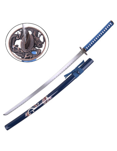 Ornamental Katana with Steel Blade, Blue Dragon Scabbard
