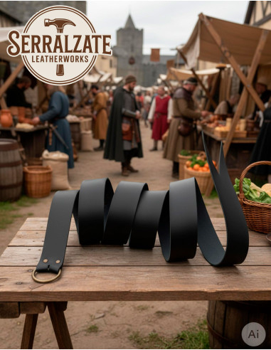 Authentic Medieval Leather Belt with Ring, Black