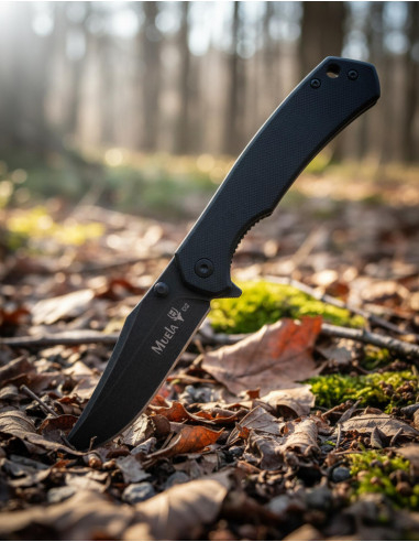 Tactical Knife with 76 mm Blade and Stone-Washed Black Finish, D2 Steel and Smooth Black G10 Handles