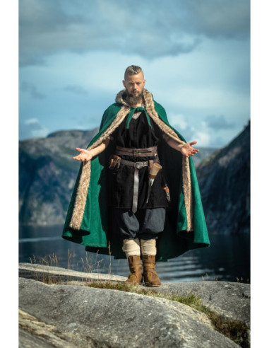 Viking Wool Cloak Model Fjell with Leather, Green Color