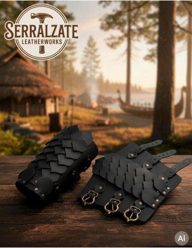 Adjustable Black Leather Scaled Warrior Bracers