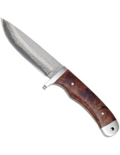 Damascus Knife with Root Wood and Stainless Steel Guard