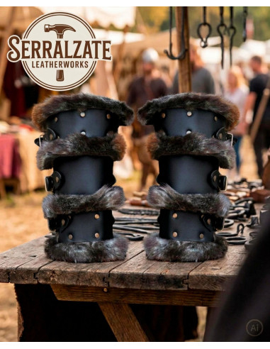 Black Leather Viking Bracelets with Synthetic Fur