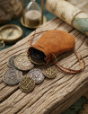 Pirate leather bag with 8 Spanish coins