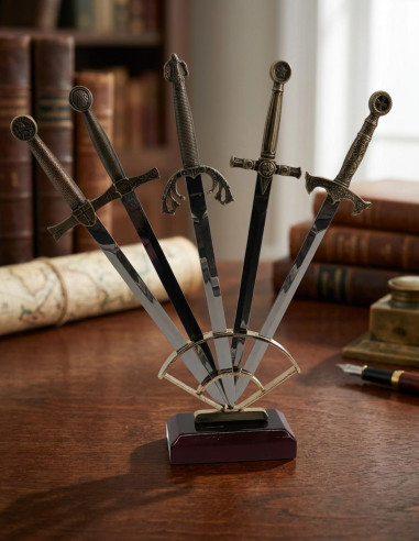 Set of 5 historical medieval letter openers with support, bronze finish