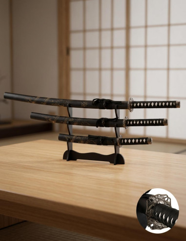 Set of 3 Black Katanas with Desktop Stand