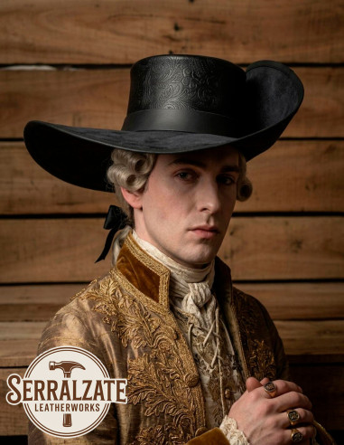 Captain's Tricorn Hat with Baroque Engraving, Deluxe Black Leather