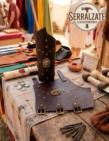 Invictus Legionnaire Bracers, Brown Leather with Lion Emblem