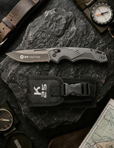 K25 Tactical Knife with Titanium Serrated Blade and Sheath