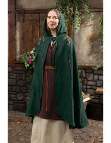 Aric medieval cloak in green felt with hood and embroidery