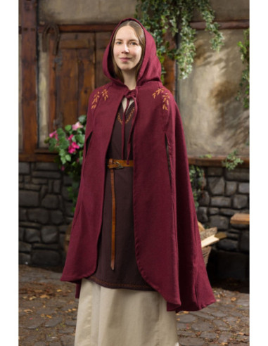 Aric Medieval Red Felt Cloak with Hood and Embroidery