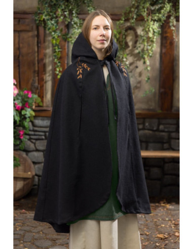 Aric Medieval Black Wool Cloak with Hood and Embroidery