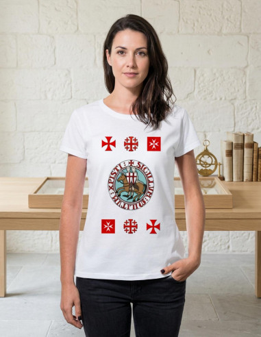 White Women's T-shirt Templars with crosses, short sleeve