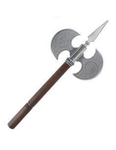 Rustic double-bladed engraved axe, 61 cms.