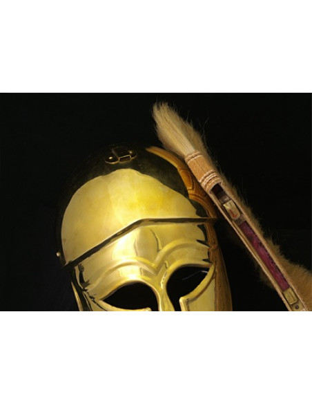 Golden Corinthian Greek helmet with plume Golden Corinthian Greek helmet with plume