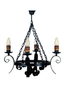 Medieval wrought iron lamp with chains, 4 bulbs