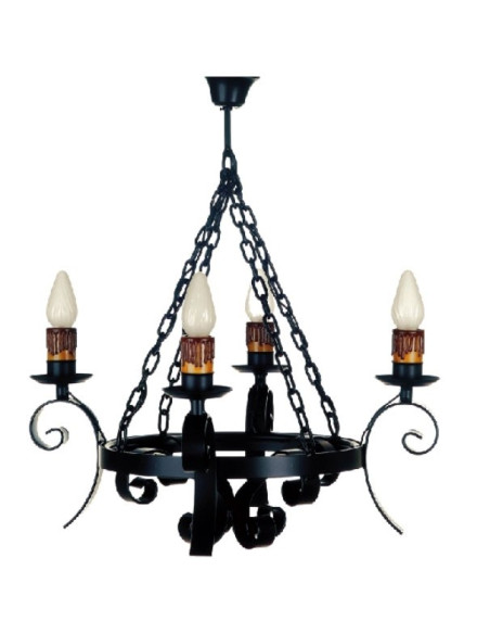 Medieval wrought iron lamp with chains, 4 bulbs