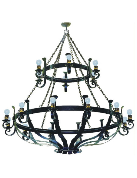 Large wrought iron chain lamp, 18 lights
