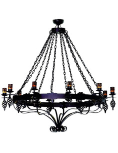 Large wrought iron chain lamp, 10 lights