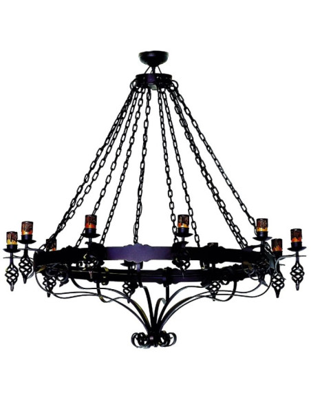 Large wrought iron chain lamp, 10 lights