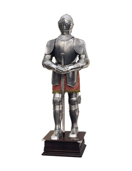 Silver natural armor with engravings and sword in the hands