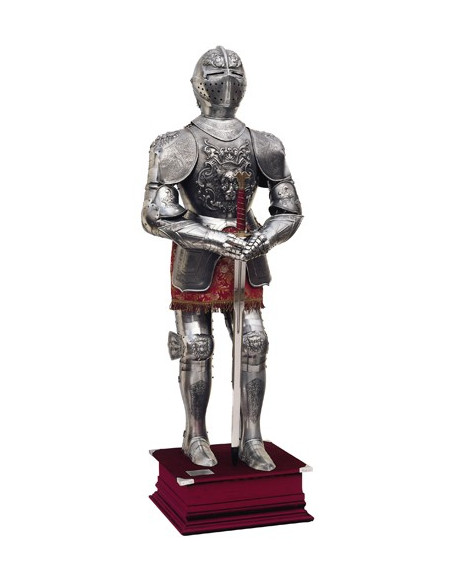 Silver natural armor with engravings, garnet suit and sword in his hands