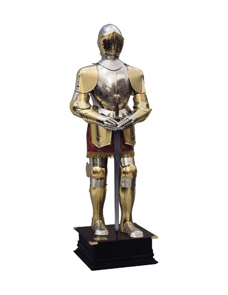 Natural silver and gold armor with engravings, garnet suit and sword in his hands