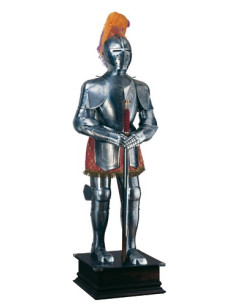 Natural silver armor with engravings, plume of feathers and sword in the hands