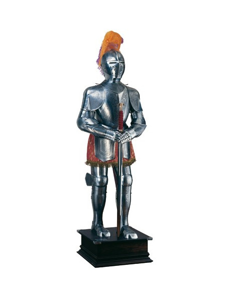 Natural silver armor with engravings, plume of feathers and sword in the hands